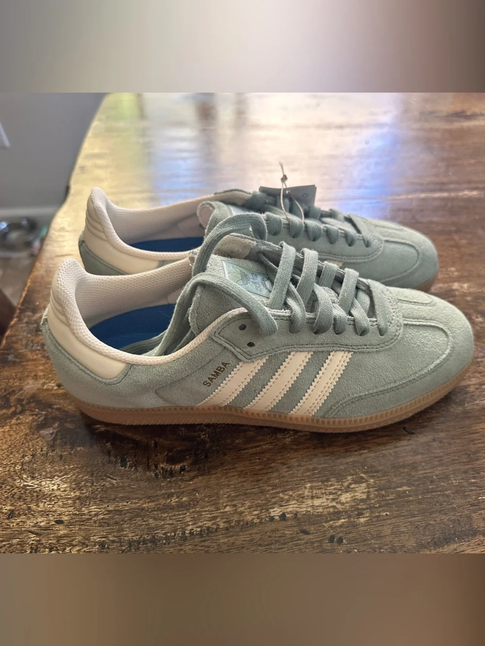 Unisex adidas Samba Suede Sneakers in Sage Green and White with Gum Sole